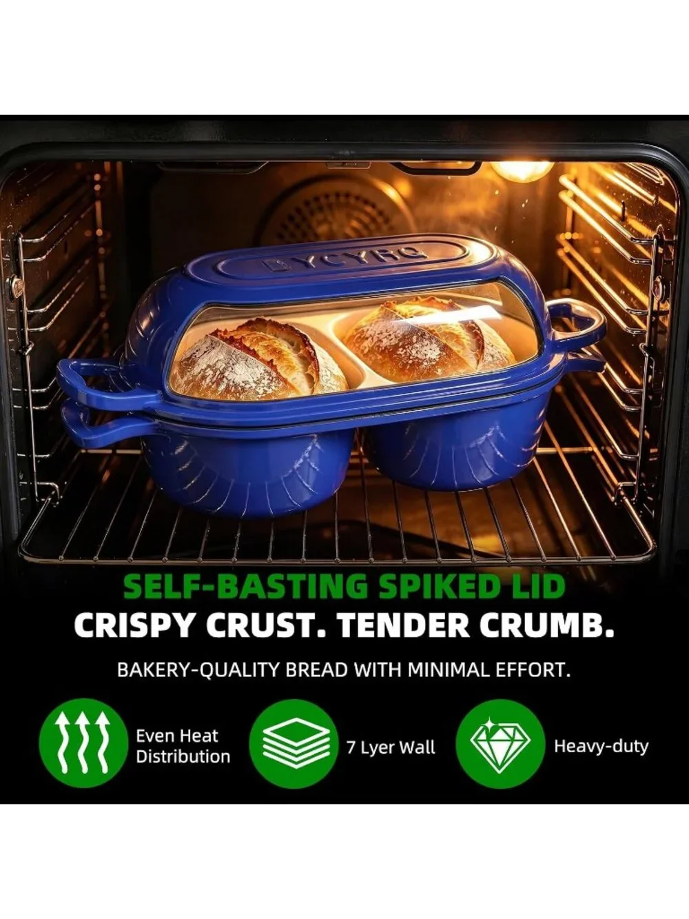 500°F Dark Blue Cast Iron Double Round Bread Loaf Pot with Lid Mini Dutch Oven